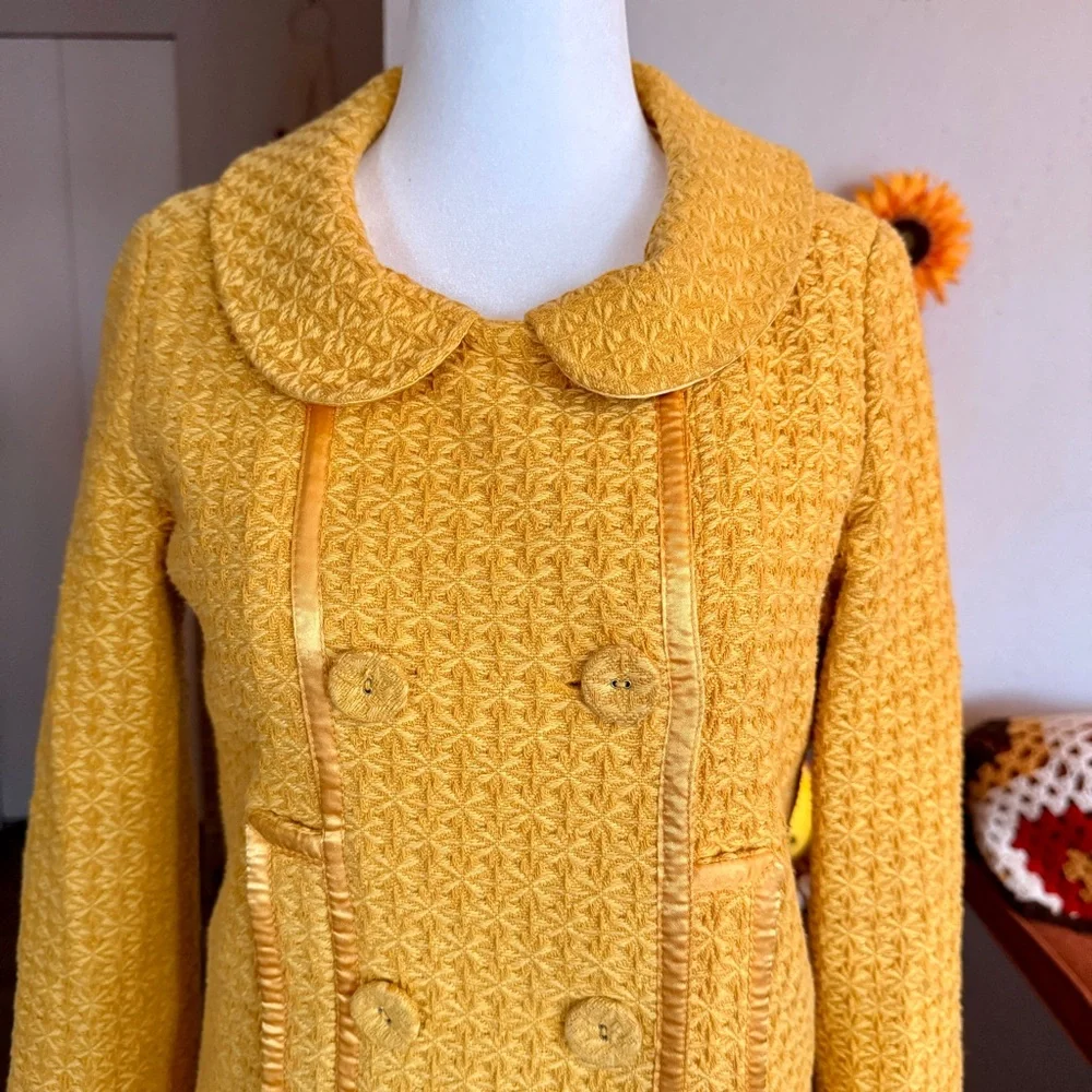 Mustard Yellow Double-Breasted Retro Pea Coat with Peter Pan Collar - Picture 2 of 11